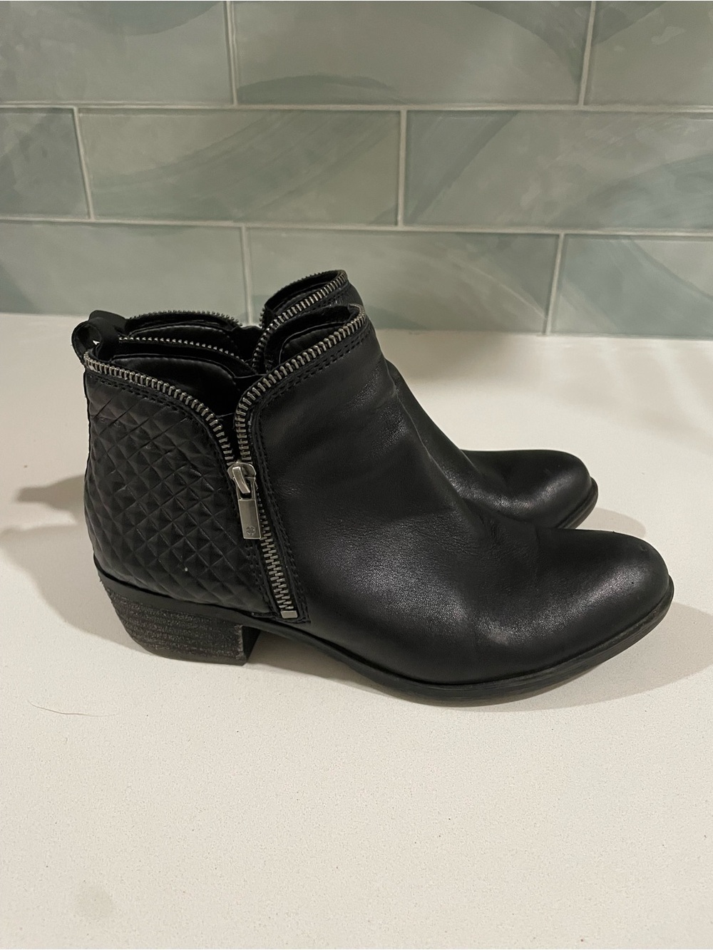 Lucky Brand Black Quilted Leather Ankle Booties with Side Zipper